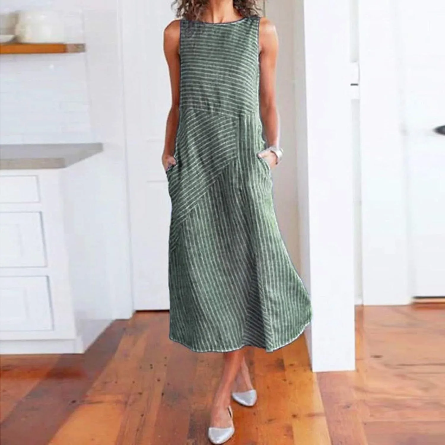 Eduavar Summer Dresses for Women, Linen Dresses for Women 2024 Striped Print Sleeveless Crew Neck Long Dress with Pockets