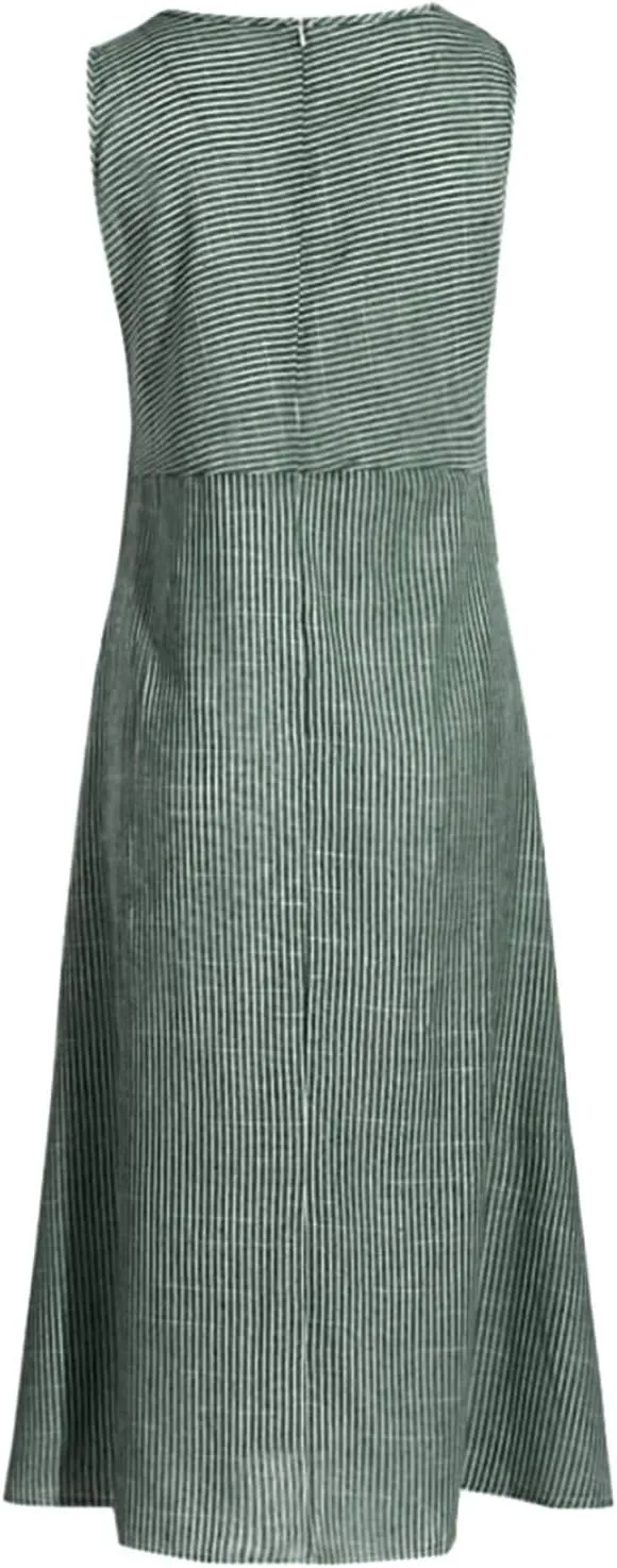 Eduavar Summer Dresses for Women, Linen Dresses for Women 2024 Striped Print Sleeveless Crew Neck Long Dress with Pockets