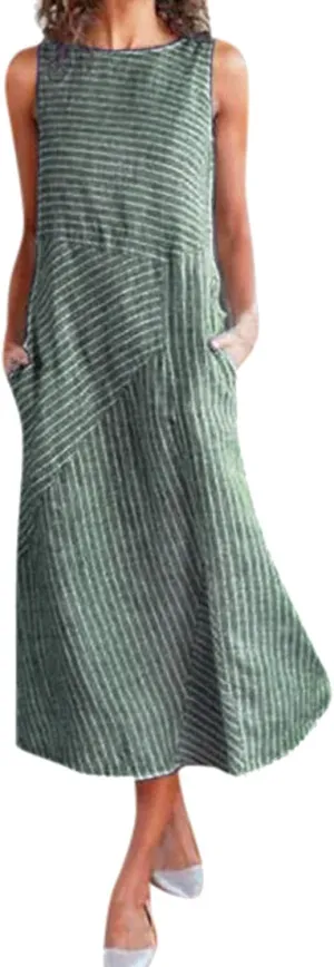 Eduavar Summer Dresses for Women, Linen Dresses for Women 2024 Striped Print Sleeveless Crew Neck Long Dress with Pockets