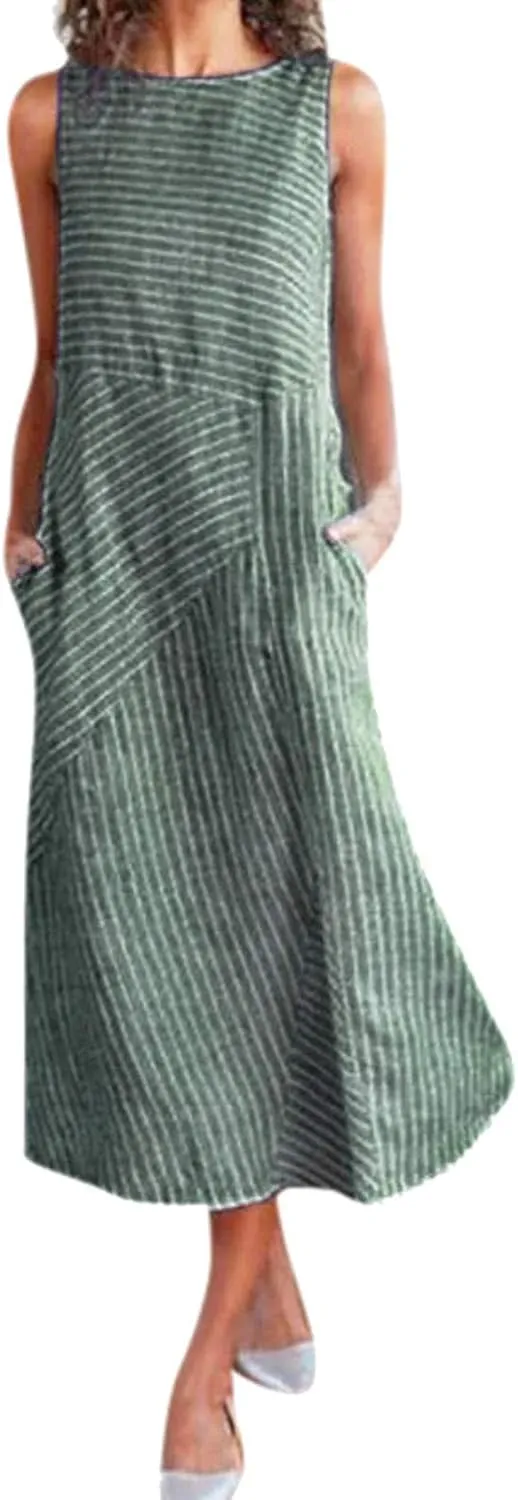 Eduavar Summer Dresses for Women, Linen Dresses for Women 2024 Striped Print Sleeveless Crew Neck Long Dress with Pockets