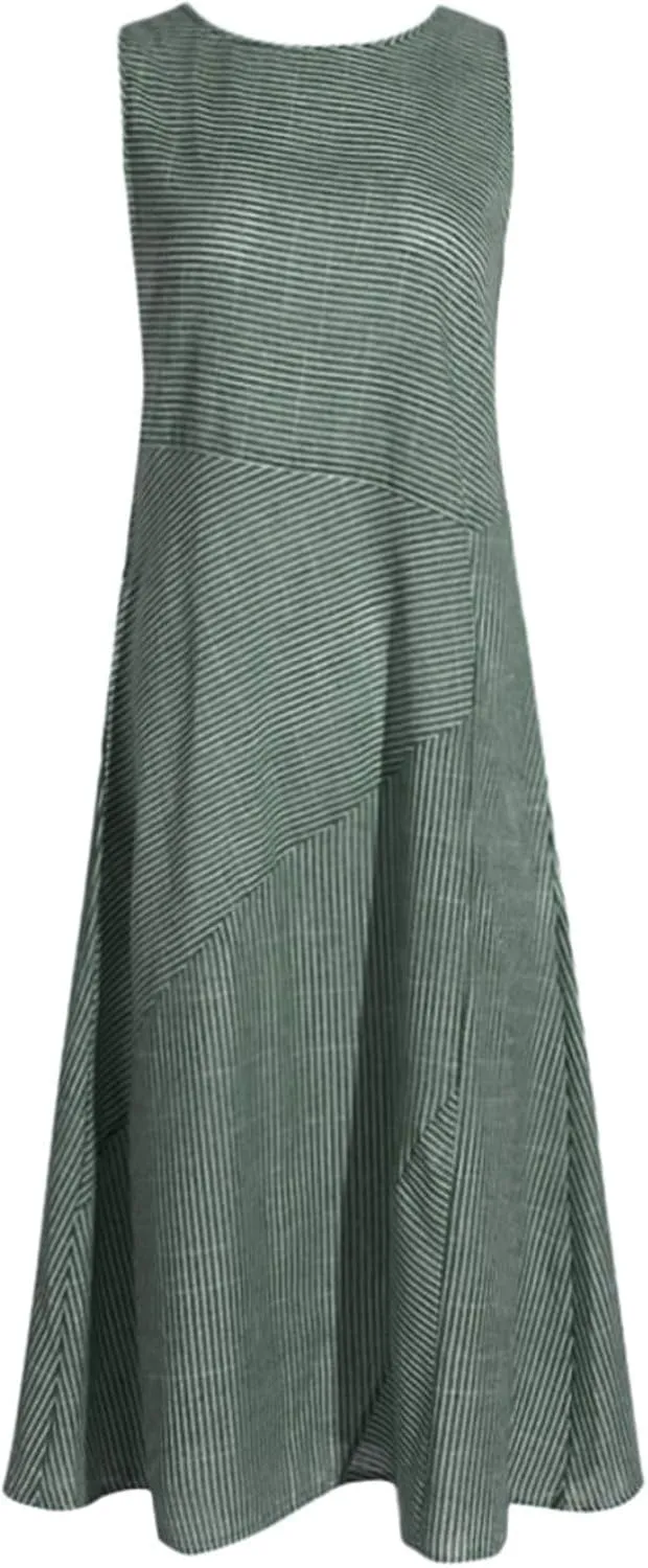 Eduavar Summer Dresses for Women, Linen Dresses for Women 2024 Striped Print Sleeveless Crew Neck Long Dress with Pockets