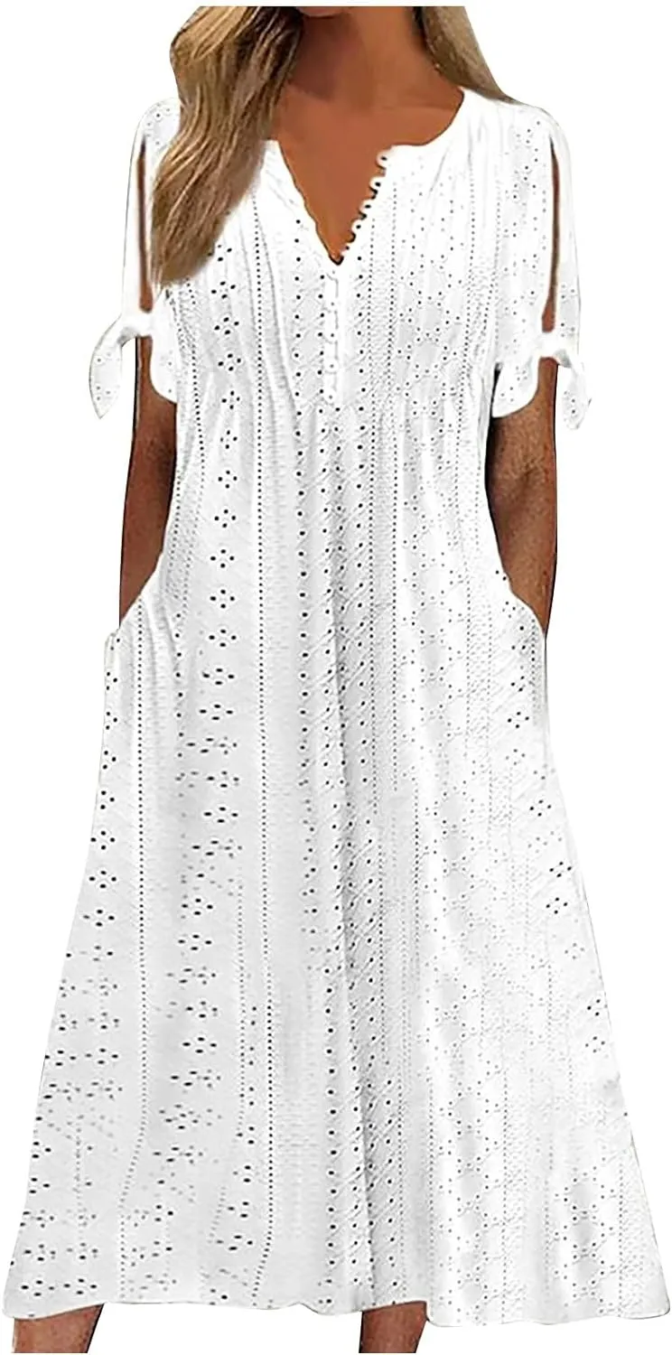 Elegant Summer Dresses for Women 2024 Trendy Tie Short Sleeve Button Down v Neck Eyelet Maxi Long Tshirt Dress