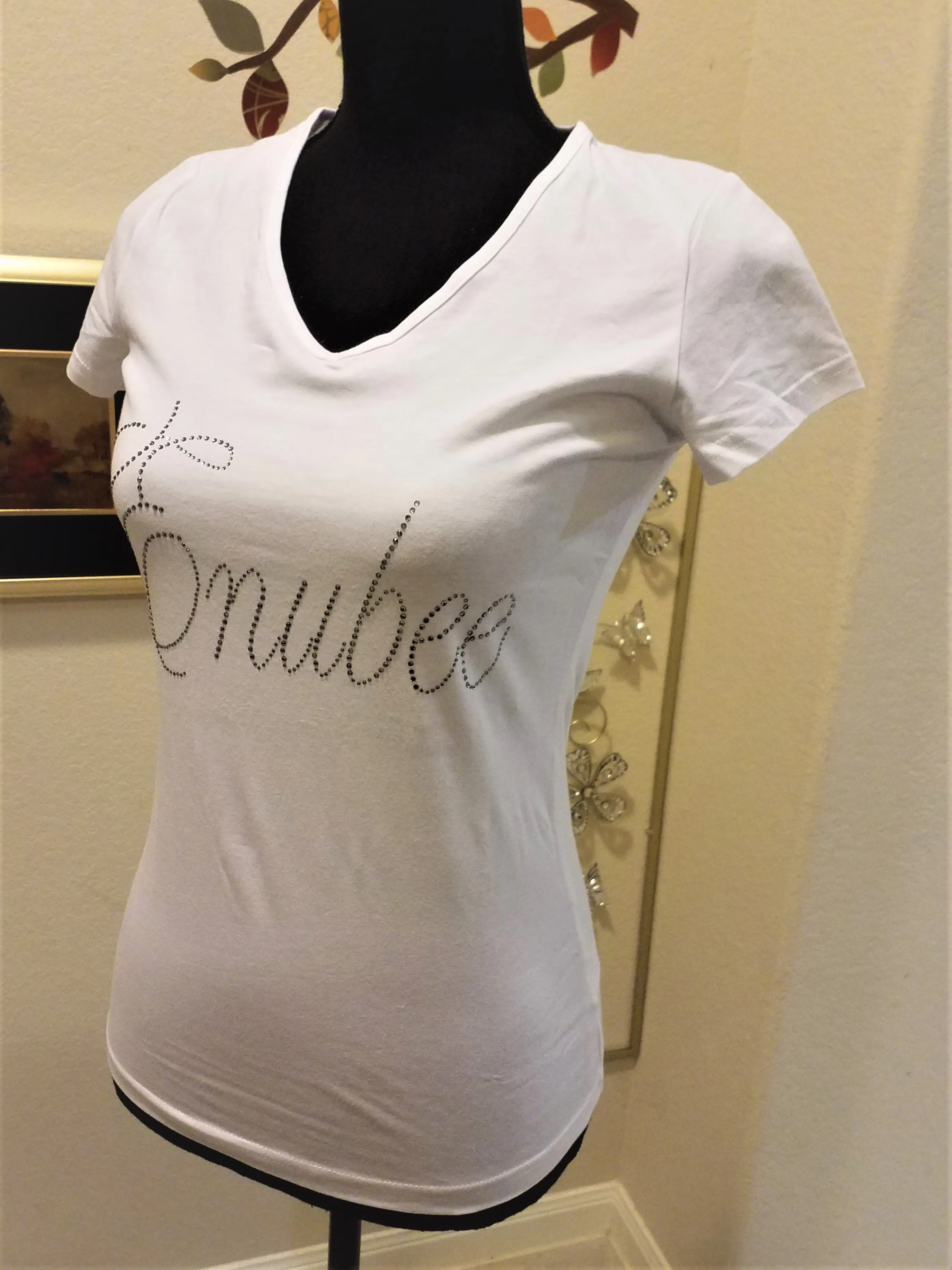 Enubee Rhinestone design T Shirts- (short sleeve White)