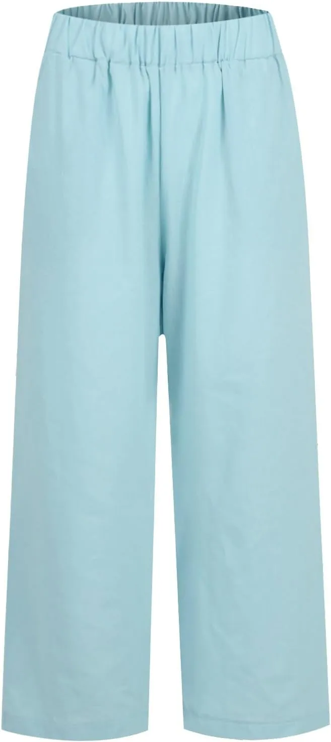 eoeioa Elastic Waisted Linen Pants Women Summer Comfy Flowy Palazzo Pants Boho Baggy Casual Pants Boho Beach Pants w/Pockets