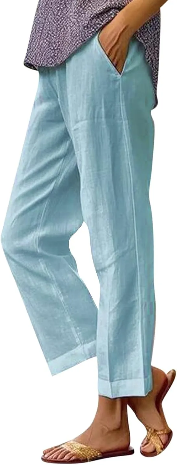 eoeioa Elastic Waisted Linen Pants Women Summer Comfy Flowy Palazzo Pants Boho Baggy Casual Pants Boho Beach Pants w/Pockets