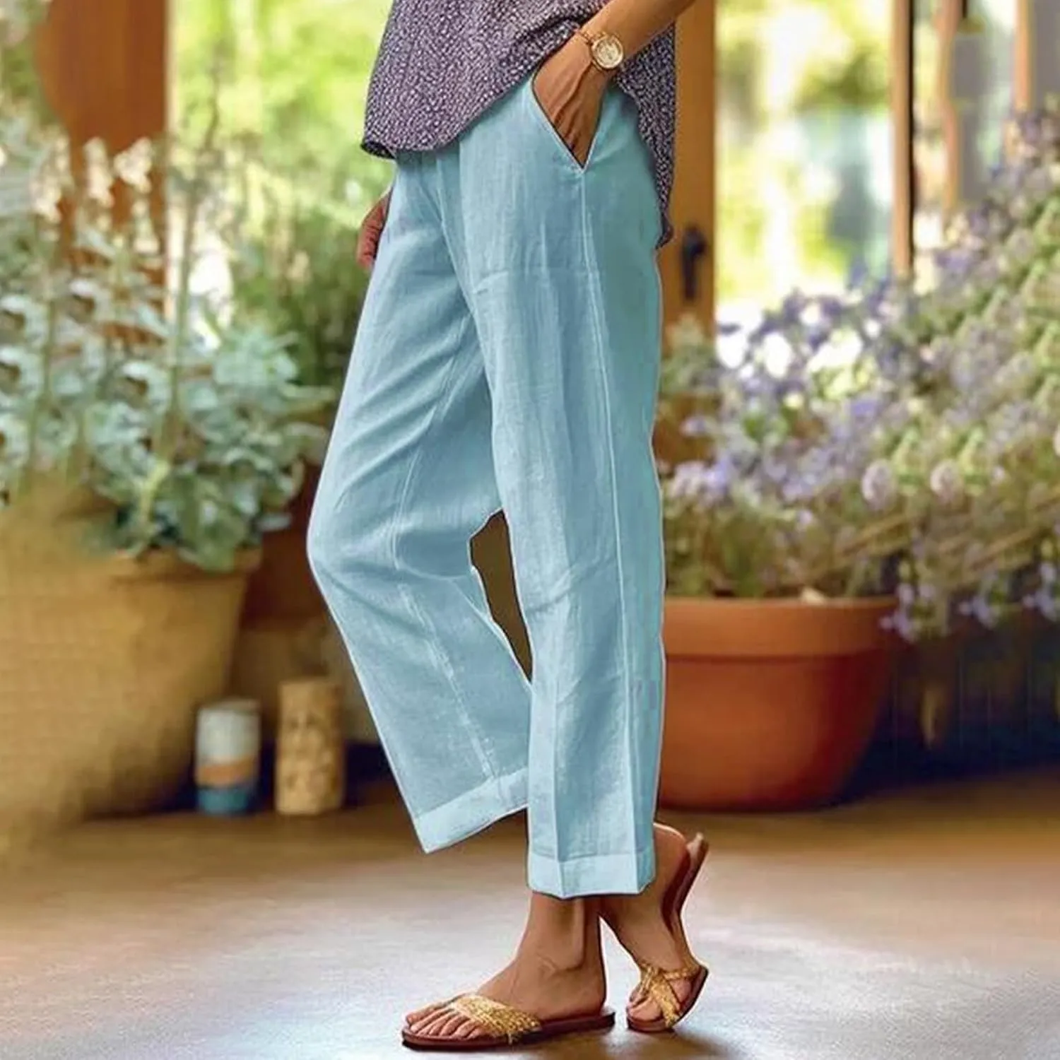 eoeioa Elastic Waisted Linen Pants Women Summer Comfy Flowy Palazzo Pants Boho Baggy Casual Pants Boho Beach Pants w/Pockets