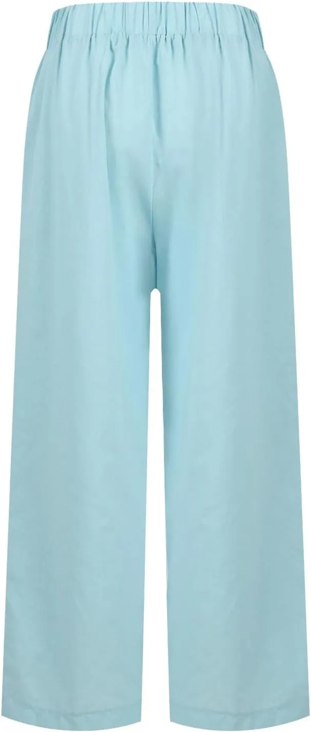 eoeioa Elastic Waisted Linen Pants Women Summer Comfy Flowy Palazzo Pants Boho Baggy Casual Pants Boho Beach Pants w/Pockets