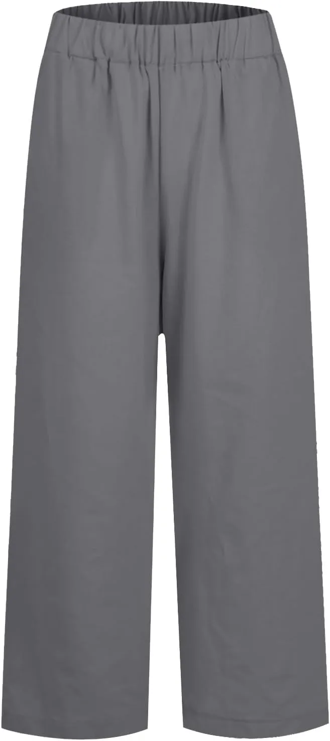 eoeioa High Waisted Linen Pants Women Summer Baggy Stretchy Palazzo Pants Lightweight Casual Pants Boho Beach Pants w/Pockets