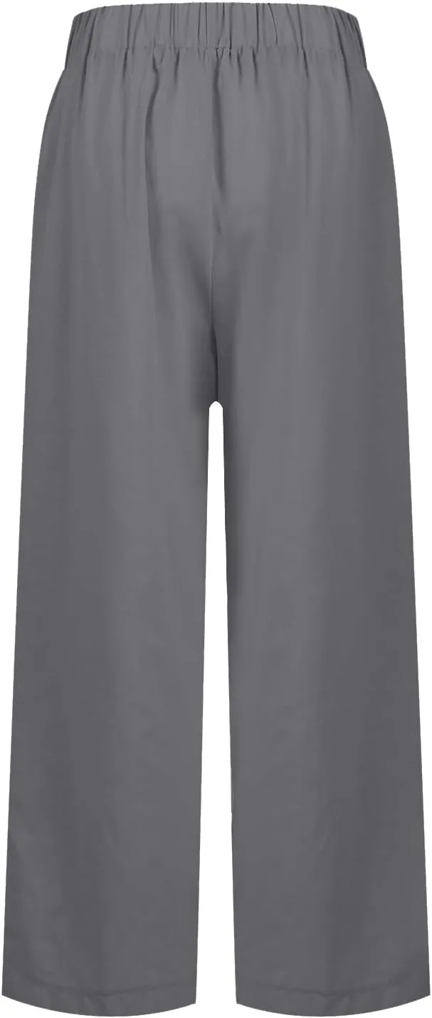 eoeioa High Waisted Linen Pants Women Summer Baggy Stretchy Palazzo Pants Lightweight Casual Pants Boho Beach Pants w/Pockets