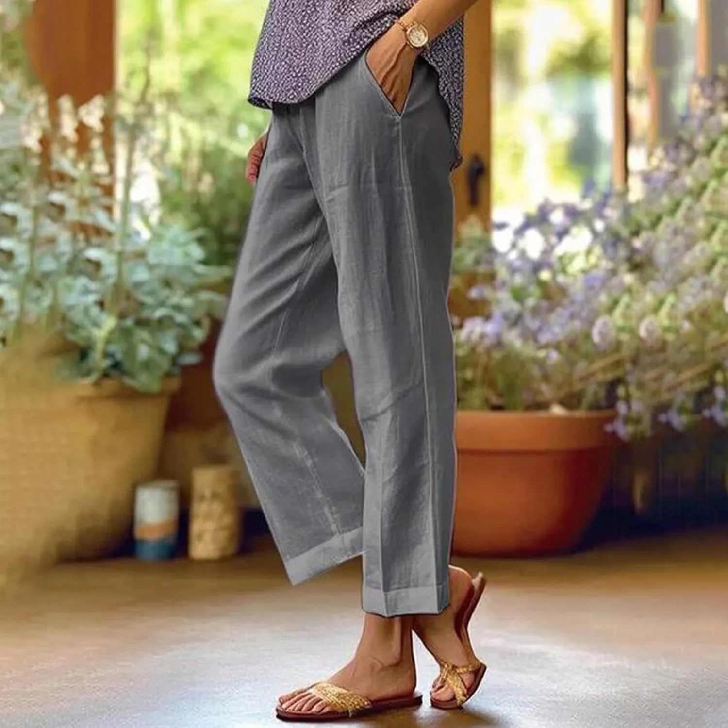 eoeioa High Waisted Linen Pants Women Summer Baggy Stretchy Palazzo Pants Lightweight Casual Pants Boho Beach Pants w/Pockets