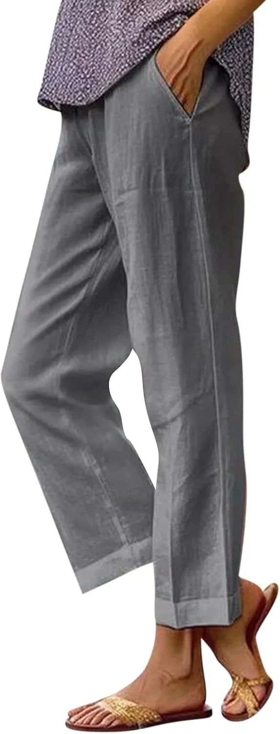eoeioa High Waisted Linen Pants Women Summer Baggy Stretchy Palazzo Pants Lightweight Casual Pants Boho Beach Pants w/Pockets
