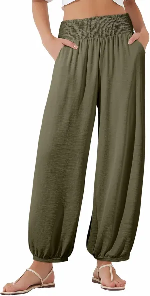 EVALESS Women's Wide Leg Baggy Pants Elastic High Waisted Casual Harem Pants Trousers with Pockets