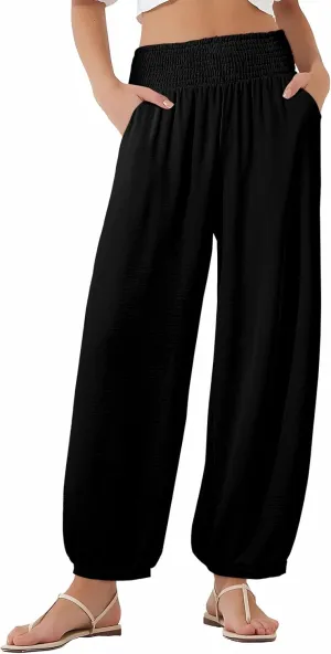 EVALESS Women's Wide Leg Baggy Pants Elastic High Waisted Casual Harem Pants Trousers with Pockets