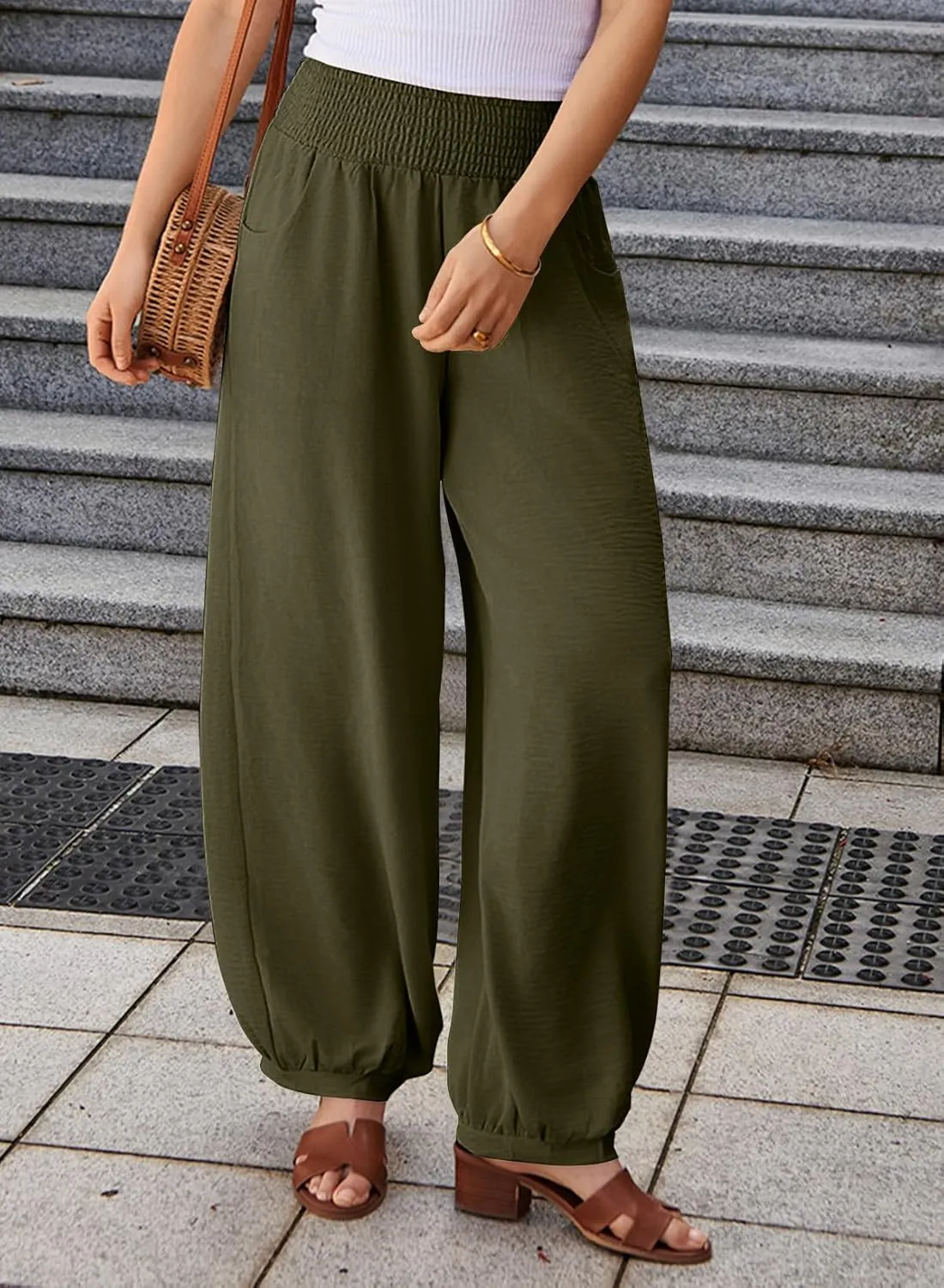 EVALESS Women's Wide Leg Baggy Pants Elastic High Waisted Casual Harem Pants Trousers with Pockets