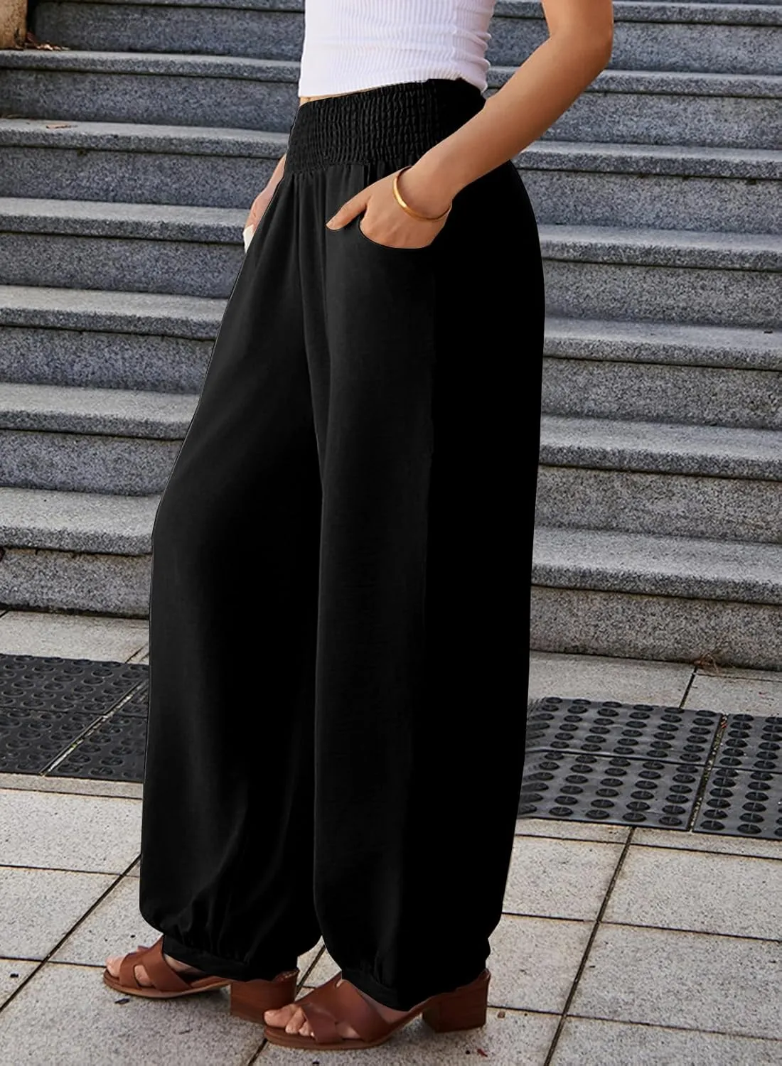 EVALESS Women's Wide Leg Baggy Pants Elastic High Waisted Casual Harem Pants Trousers with Pockets