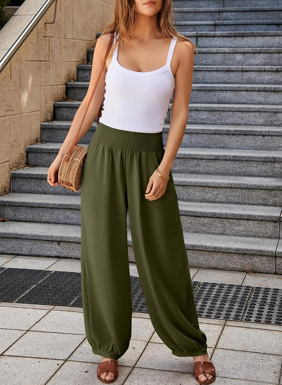 EVALESS Women's Wide Leg Baggy Pants Elastic High Waisted Casual Harem Pants Trousers with Pockets