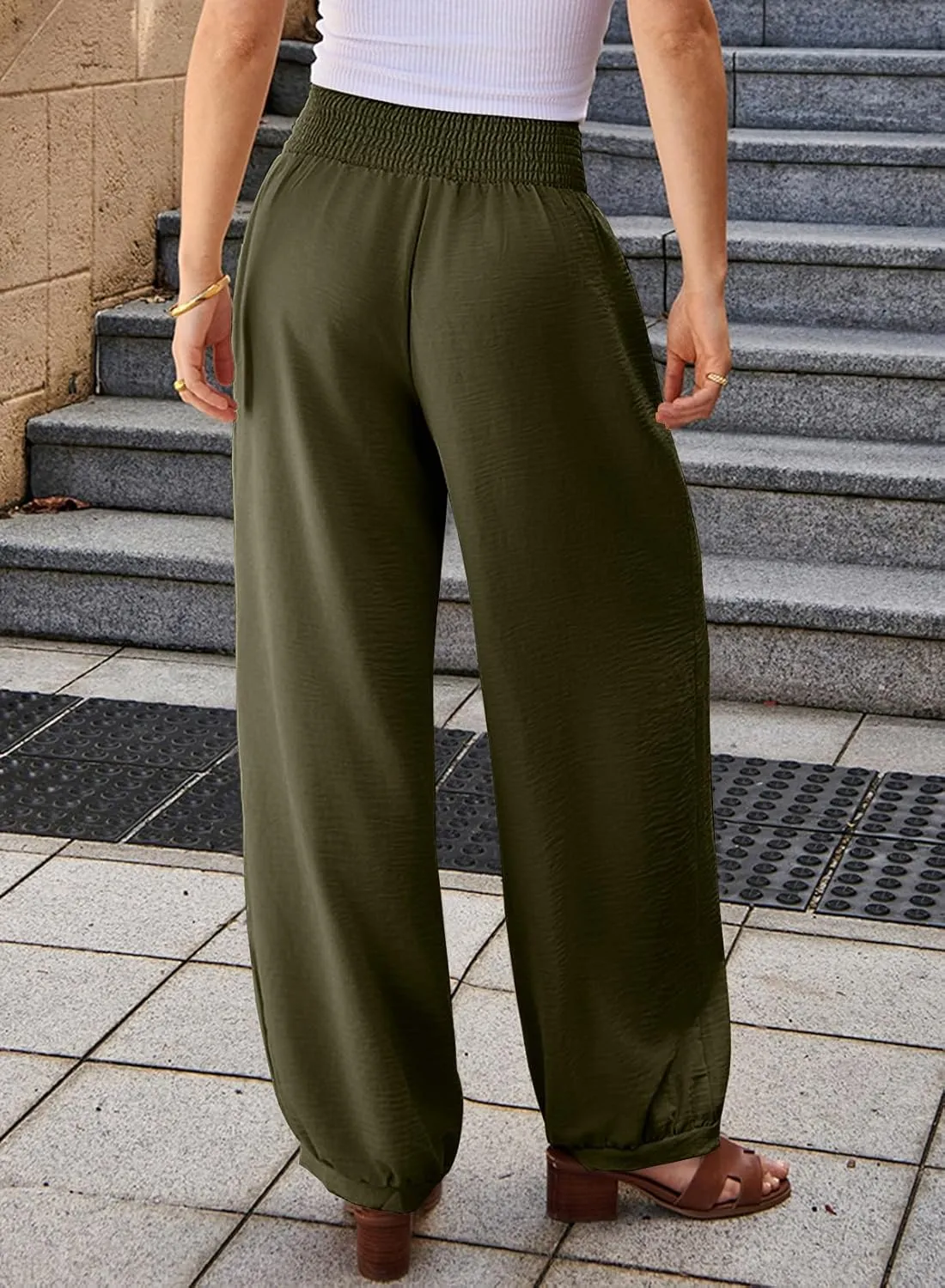 EVALESS Women's Wide Leg Baggy Pants Elastic High Waisted Casual Harem Pants Trousers with Pockets