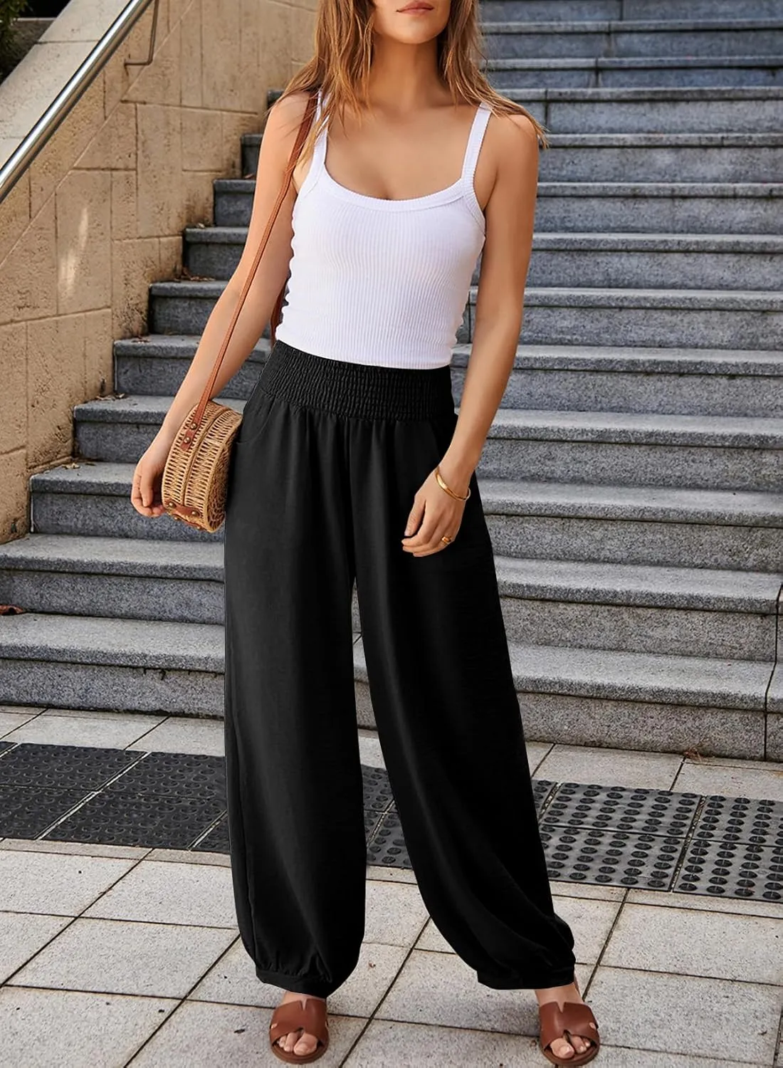 EVALESS Women's Wide Leg Baggy Pants Elastic High Waisted Casual Harem Pants Trousers with Pockets