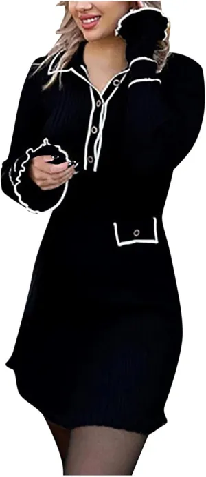 Fanteecy 2024 Fall Ruffle Sweater Dresses for Women Long Sleeve Half Buttons Dresses Bodycon Collar Mini Slim Dress