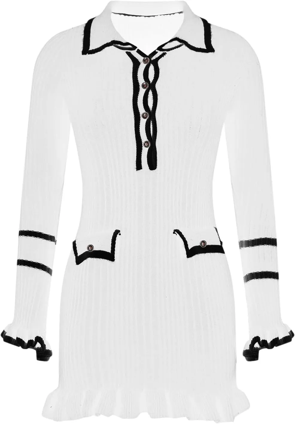 Fanteecy 2024 Fall Ruffle Sweater Dresses for Women Long Sleeve Half Buttons Dresses Bodycon Collar Mini Slim Dress