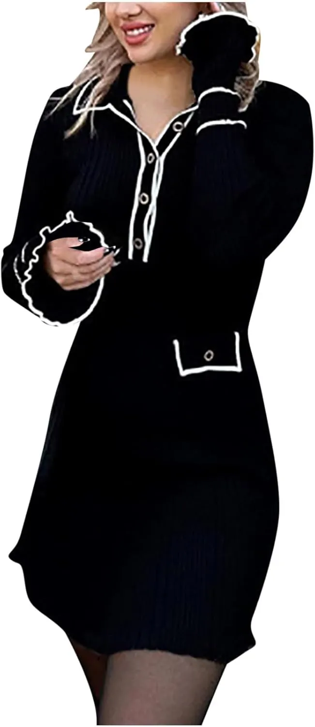 Fanteecy 2024 Fall Ruffle Sweater Dresses for Women Long Sleeve Half Buttons Dresses Bodycon Collar Mini Slim Dress