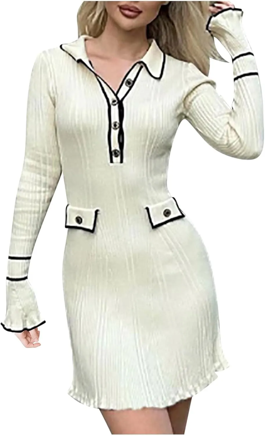 Fanteecy 2024 Fall Ruffle Sweater Dresses for Women Long Sleeve Half Buttons Dresses Bodycon Collar Mini Slim Dress