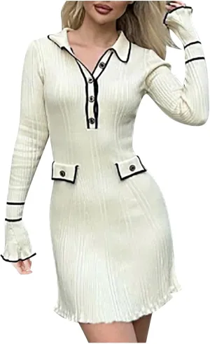 Fanteecy 2024 Fall Ruffle Sweater Dresses for Women Long Sleeve Half Buttons Dresses Bodycon Collar Mini Slim Dress