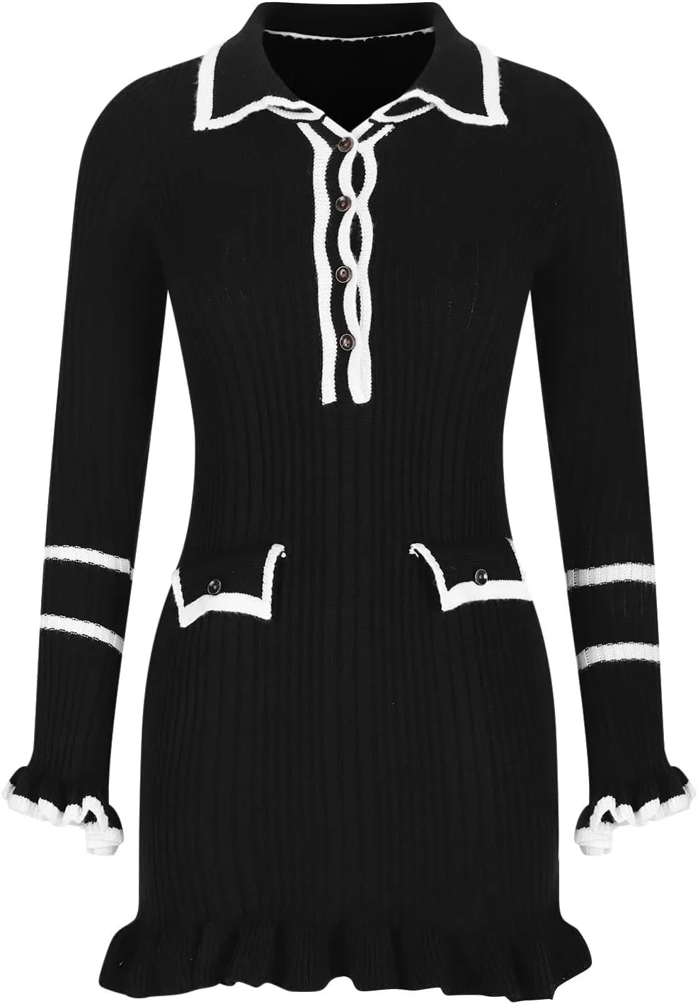 Fanteecy 2024 Fall Ruffle Sweater Dresses for Women Long Sleeve Half Buttons Dresses Bodycon Collar Mini Slim Dress