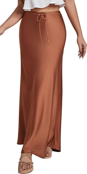 FEOYA Womens Satin Silky Maxi Skirt High Waist A Line Elegant Flowy Mermaid Hem Drawstring Wedding Party Club Spring Skirt
