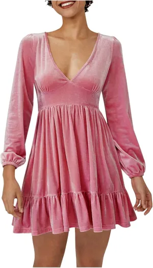 Firzero Womens Evening Party Dresses Plus Size Velet Ruffle Flowy Short Dress Casual V Neck Long Sleeve A Line Formal Dresses