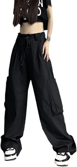 Fjnbbiot High Wasit Straight Cargo Pants Women High Street Slim Drawstring Wide Leg Pant Summer Casual Trousers
