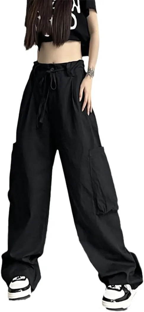 Fjnbbiot High Wasit Straight Cargo Pants Women High Street Slim Drawstring Wide Leg Pant Summer Casual Trousers