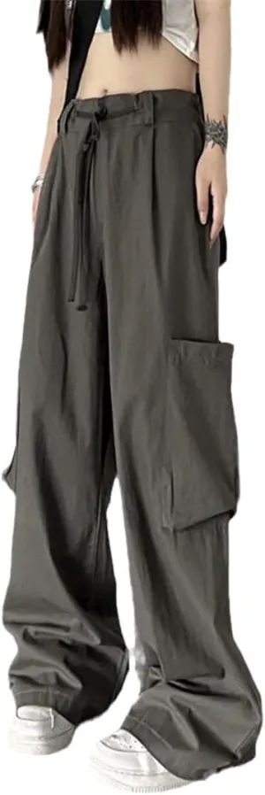 Fjnbbiot High Wasit Straight Cargo Pants Women High Street Slim Drawstring Wide Leg Pant Summer Casual Trousers