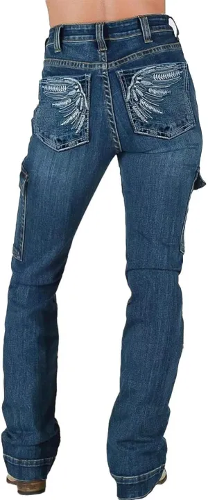Flamingals Boot Cut Wide Leg Mid Rise Causal Embroidery Flap Pocket Denim Jeans