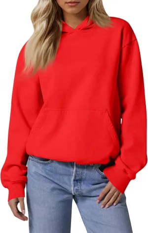 Fleece Hoodie Women Oversized Thermal Long Sleeve Hooded Sweatshirts Drop Shoulder Plain Pullover Tops with Pockets