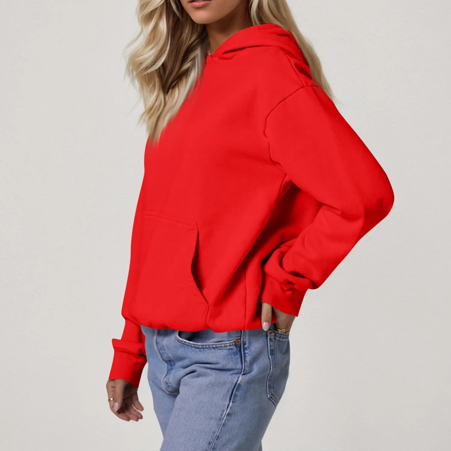 Fleece Hoodie Women Oversized Thermal Long Sleeve Hooded Sweatshirts Drop Shoulder Plain Pullover Tops with Pockets