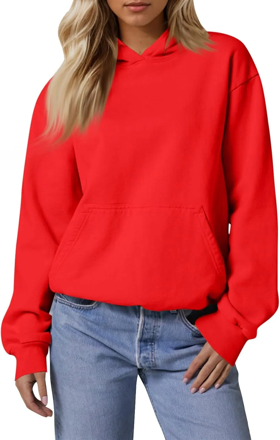 Fleece Hoodie Women Oversized Thermal Long Sleeve Hooded Sweatshirts Drop Shoulder Plain Pullover Tops with Pockets