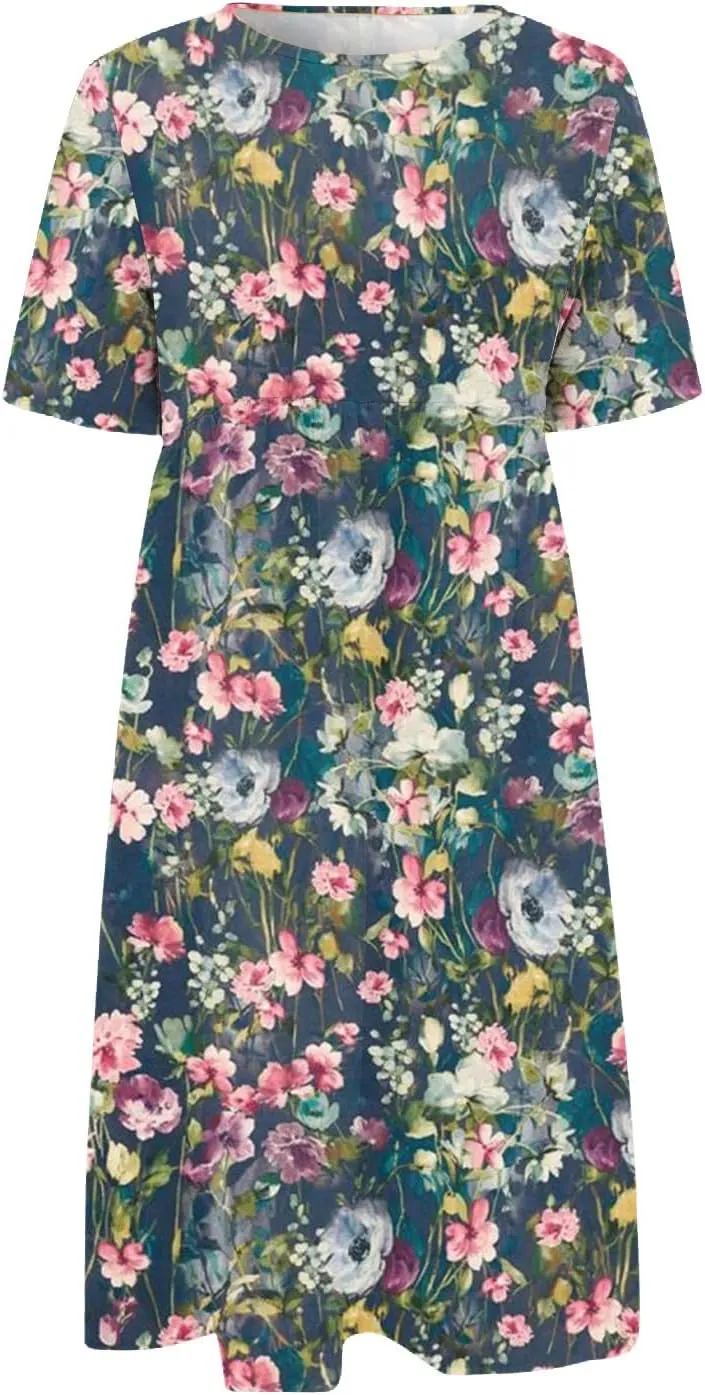 FlekmanArt Dresses for Women 2025 Printed Pleated Long Dress Pocket Short Sleeve Dresses Round Neck Loose Beach Dress