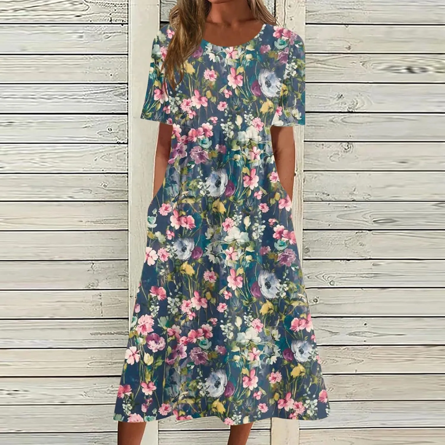 FlekmanArt Dresses for Women 2025 Printed Pleated Long Dress Pocket Short Sleeve Dresses Round Neck Loose Beach Dress