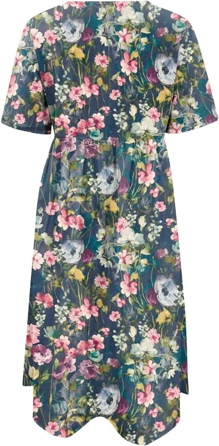 FlekmanArt Dresses for Women 2025 Printed Pleated Long Dress Pocket Short Sleeve Dresses Round Neck Loose Beach Dress