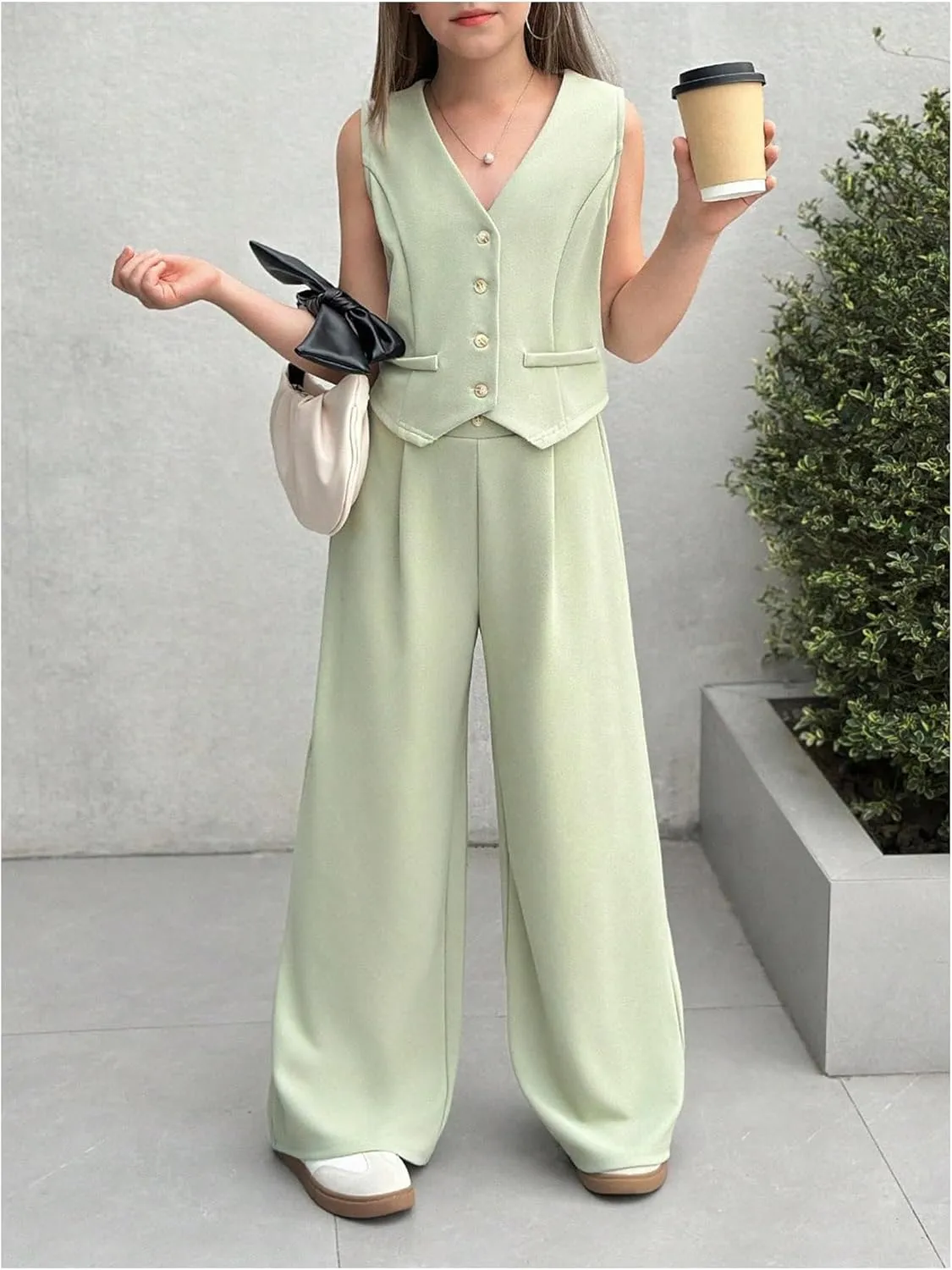 Floerns Girl's 2 Piece Outfit Sleeveless V Neck Blazer Vest and Wide Leg Pants Set
