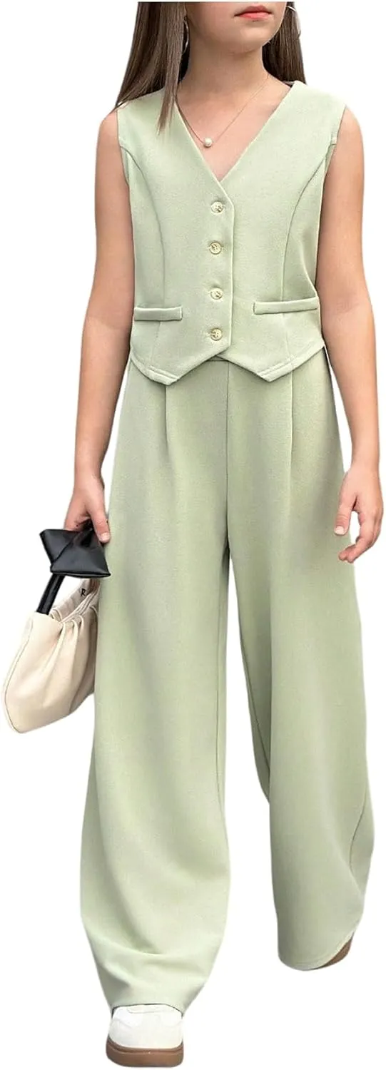 Floerns Girl's 2 Piece Outfit Sleeveless V Neck Blazer Vest and Wide Leg Pants Set