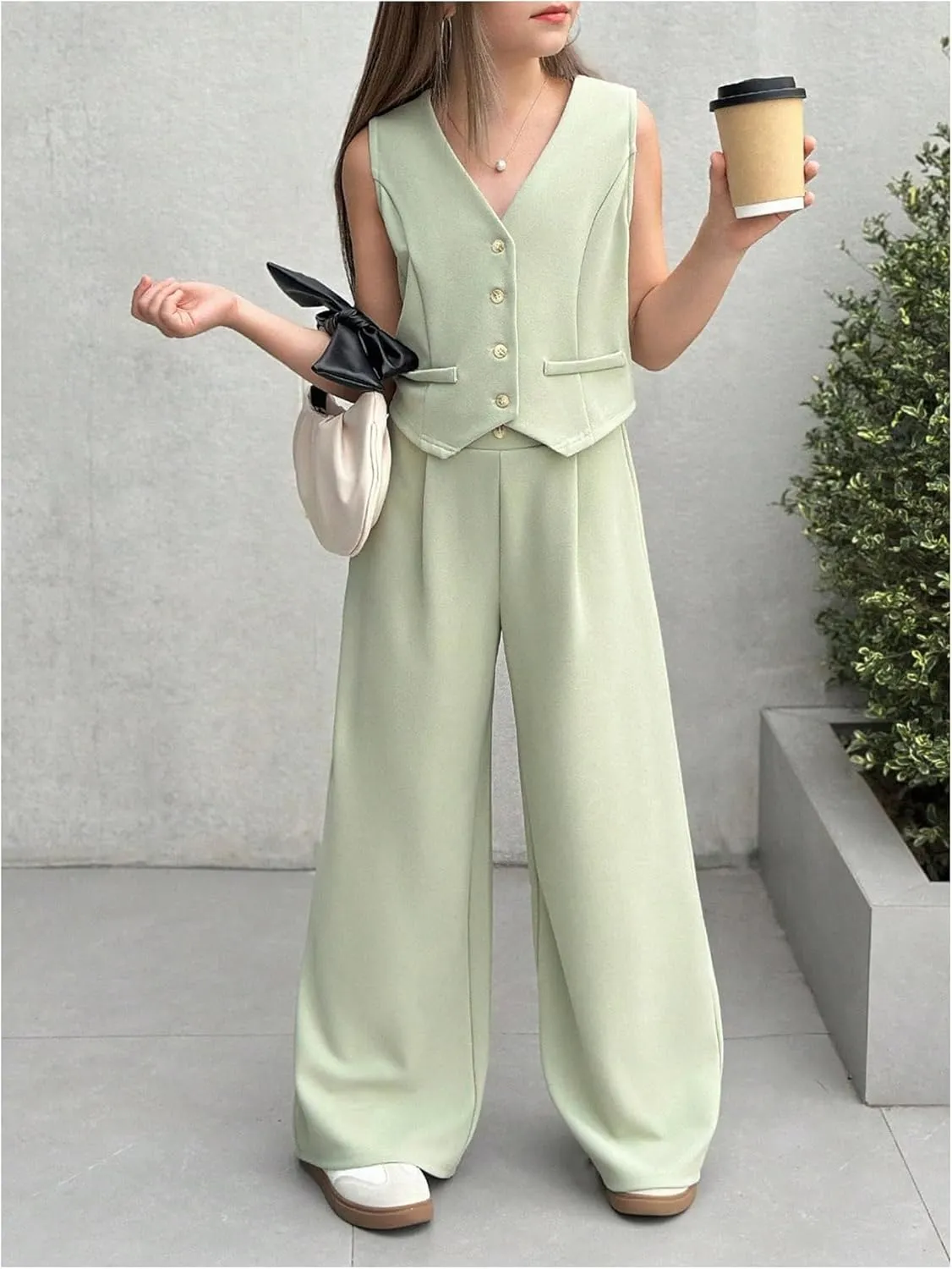 Floerns Girl's 2 Piece Outfit Sleeveless V Neck Blazer Vest and Wide Leg Pants Set