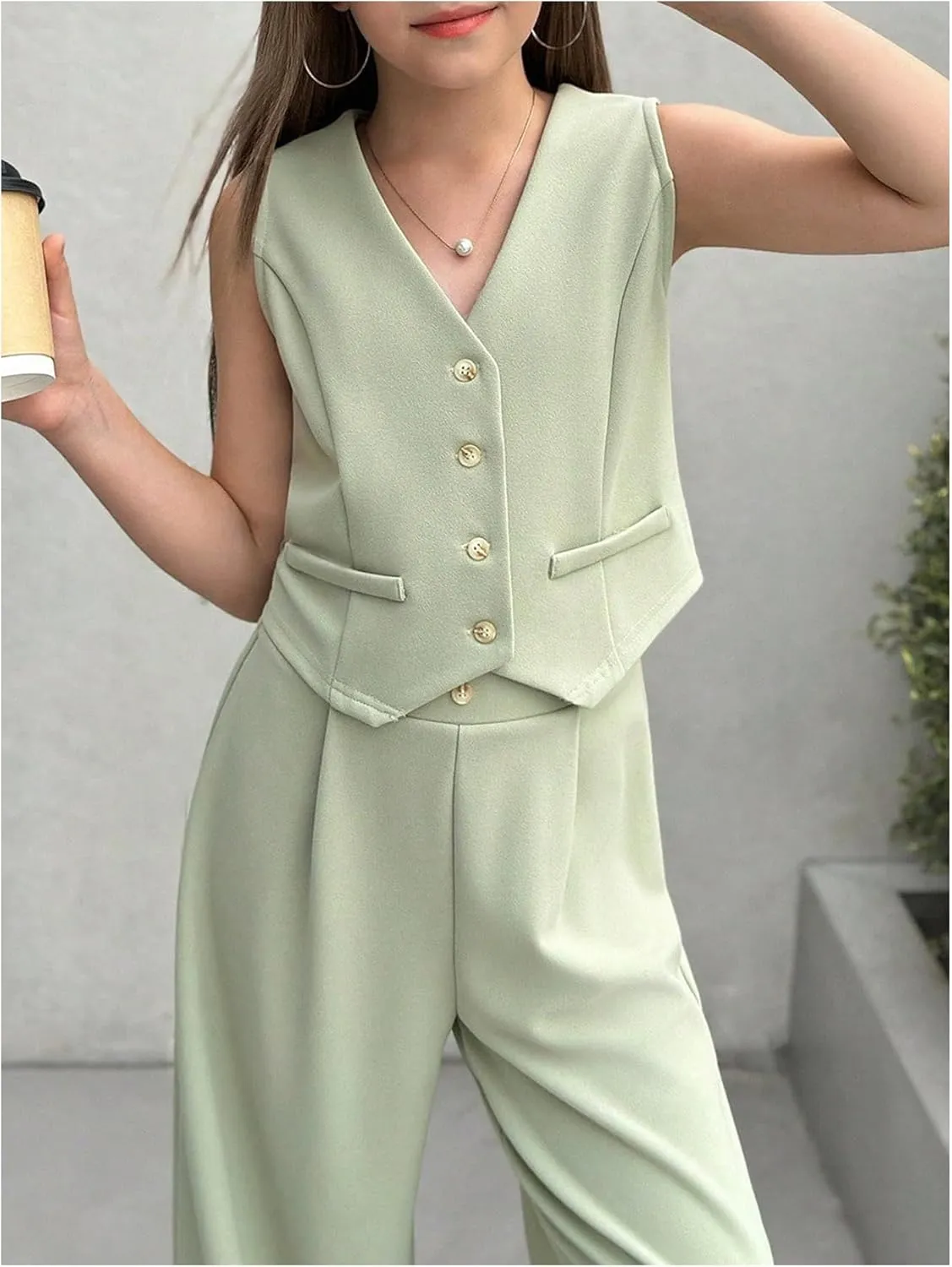 Floerns Girl's 2 Piece Outfit Sleeveless V Neck Blazer Vest and Wide Leg Pants Set