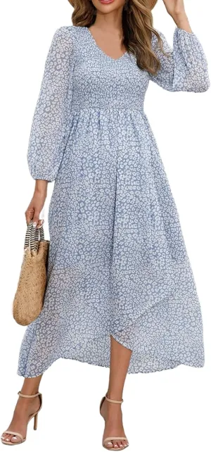 Floral Dresses for Women Spring Elegant Wrap V Neck Slim Beach DressTrendy Flowy Ruche Long Sleeve Boho Sundresses