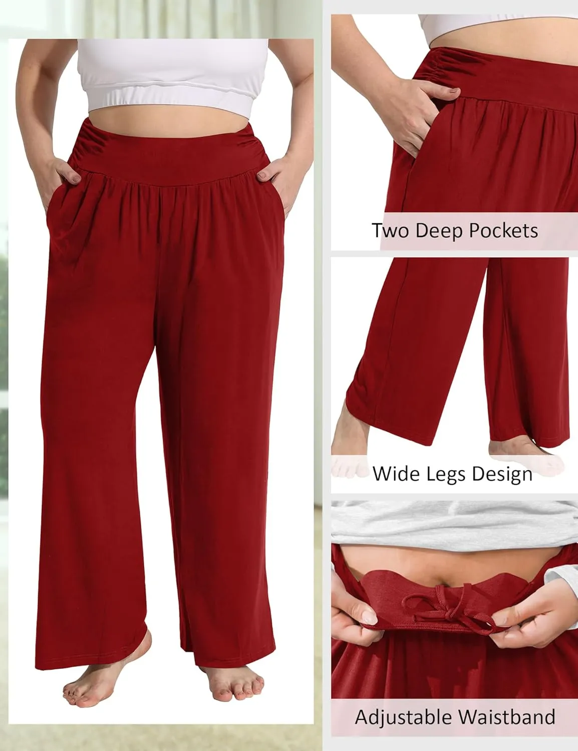 FOREYOND Plus Size Wide Leg Pants for Women Comfy Casual Lounge Yoga Pants High Waist Pajama Pants with Pockets XL-5XL