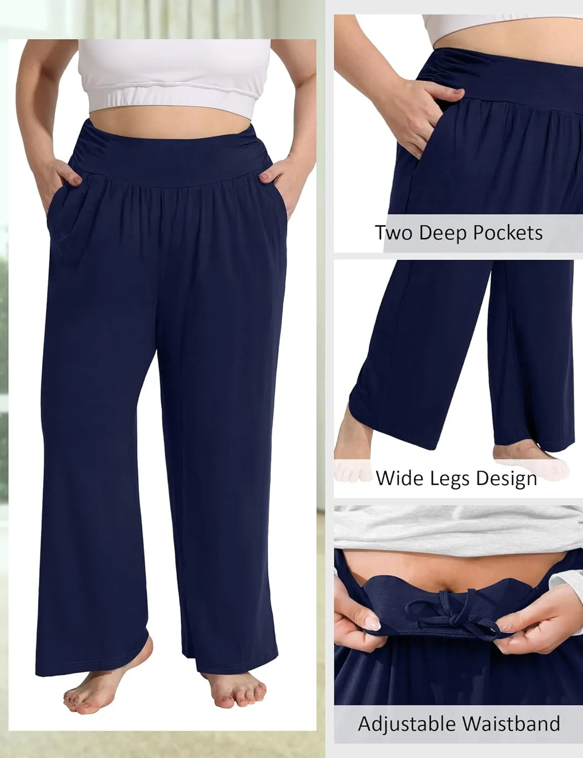 FOREYOND Plus Size Wide Leg Pants for Women Comfy Casual Lounge Yoga Pants High Waist Pajama Pants with Pockets XL-5XL