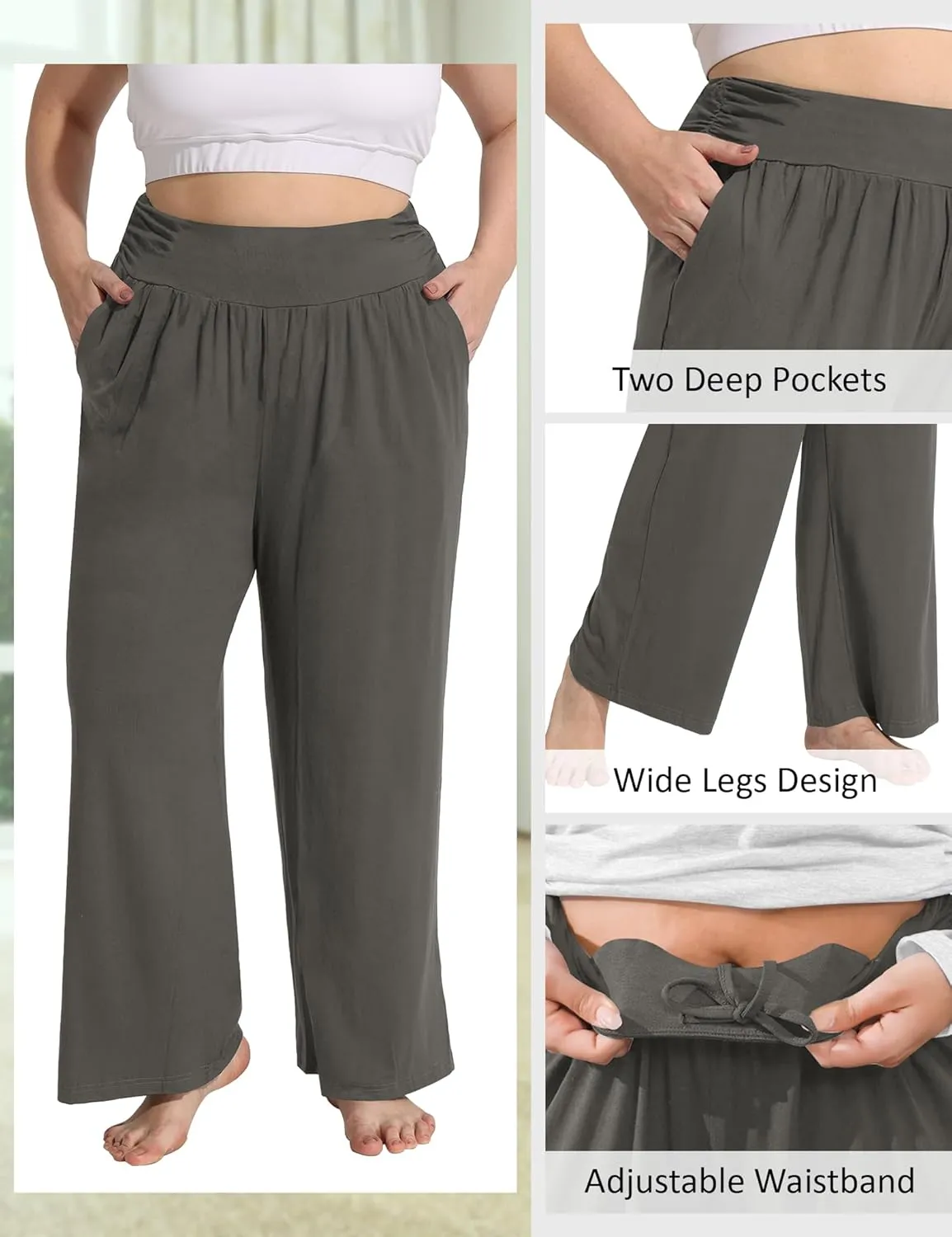 FOREYOND Plus Size Wide Leg Pants for Women Comfy Casual Lounge Yoga Pants High Waist Pajama Pants with Pockets XL-5XL