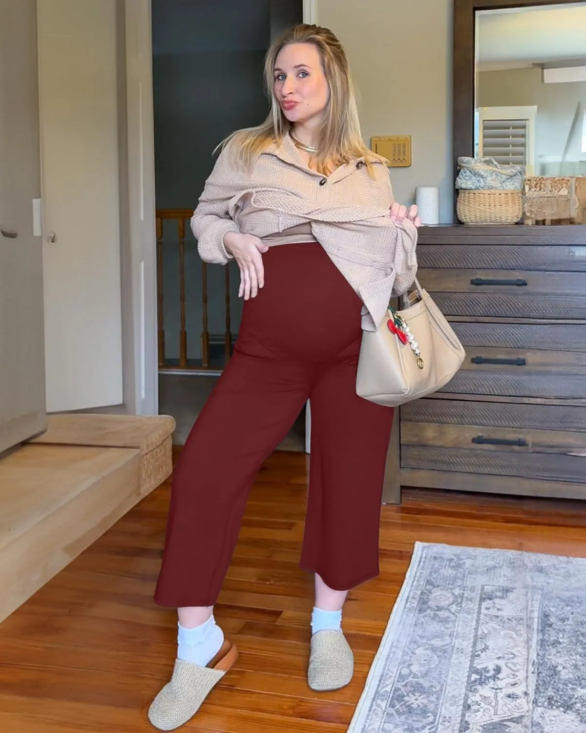 G4Free Wide Leg Maternity Yoga Capris Over The Belly Stretch Pregnancy Cropped Pants with Pockets