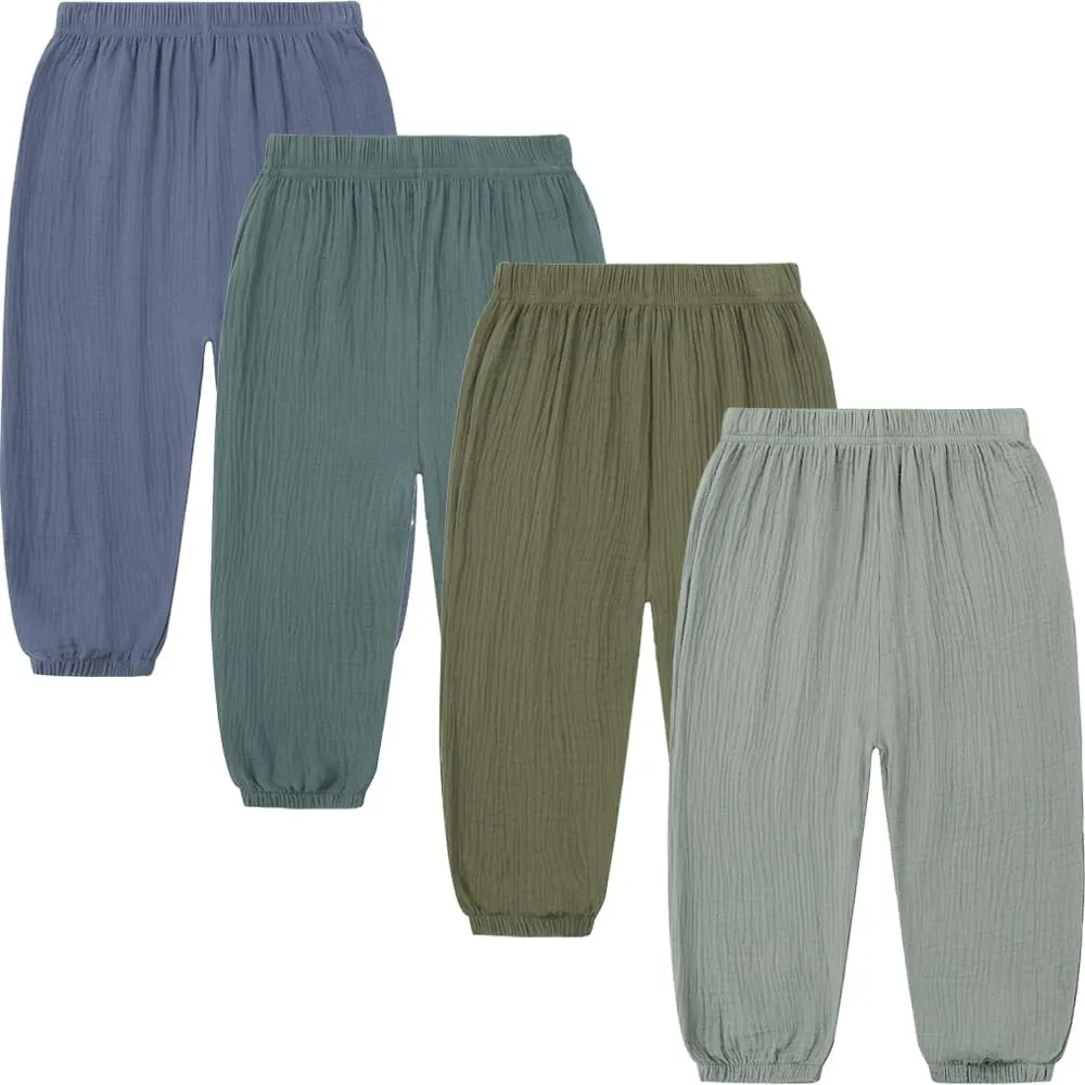 GFQLONG 4 Pack Toddler Boys Girls Cotton Linen Plain Pants Harem Trousers Casual Basic Elastic Loose Summer Spring Bloomers